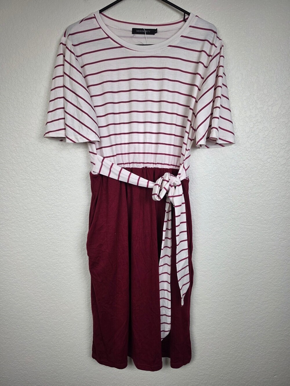 Merokeety Burgundy White Striped Midi Dress with Tie Waist